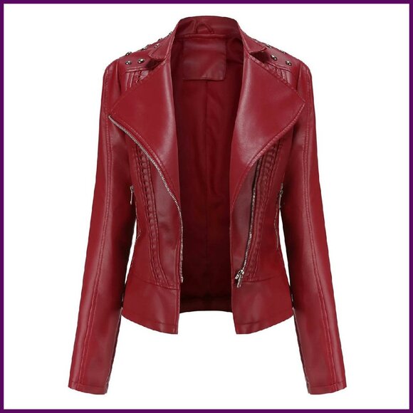 Faux Leather Moto Jacket with Studded Shoulders Asymmetrical Zip